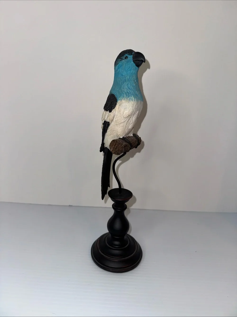 9” Resin Parrot On a Log Figurine On Stand Teal Blue & Black